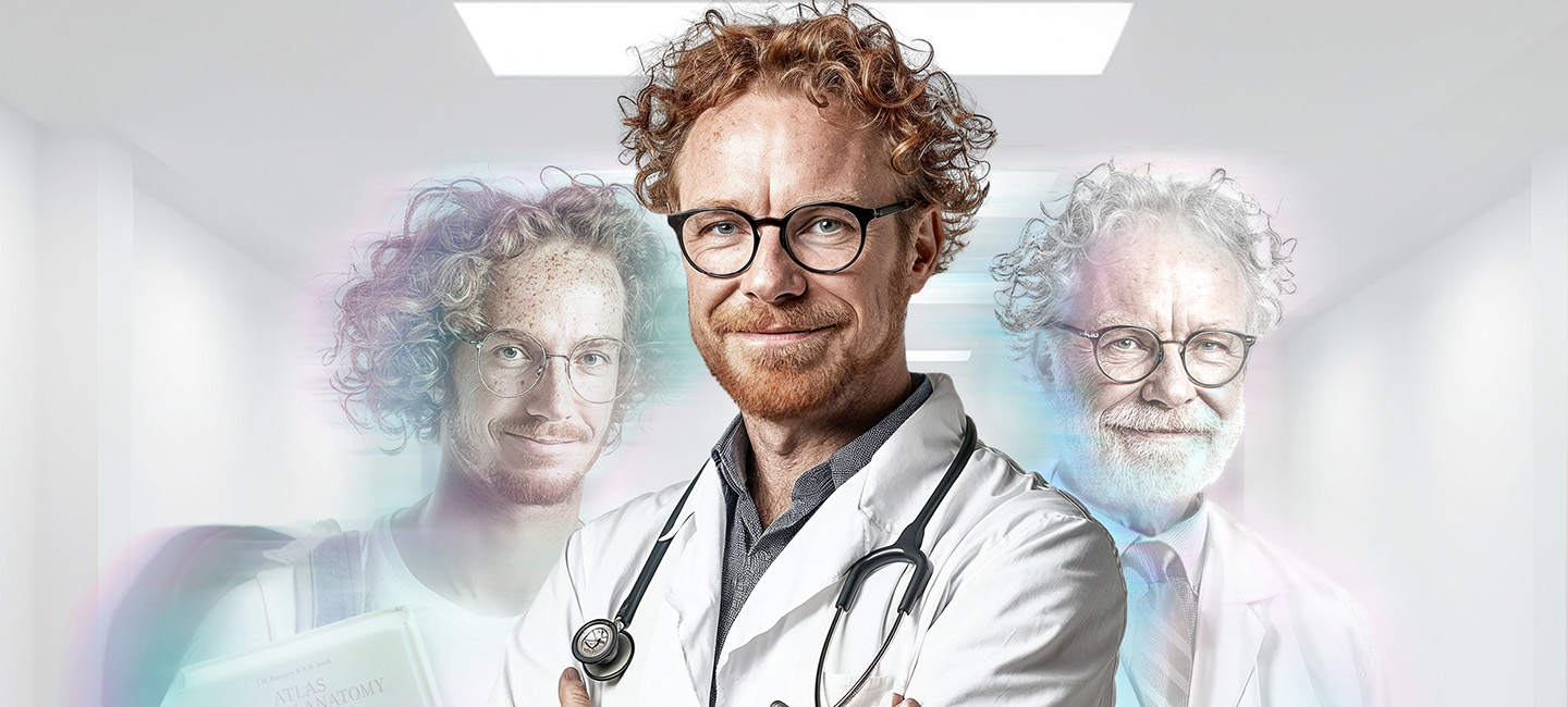 Ein Arzt, der in verschiedenen Altersgruppen dargestellt ist.